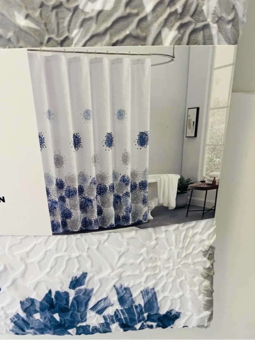 DKNY Brushstroke Floral Microsculpt Shower Curtain White Blue Gray 72” x 72”